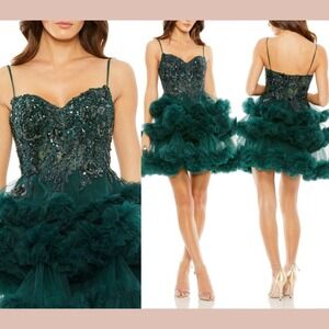 NWT$698 Mac Duggal [ 2 ] 20645 Thin Strap Beaded Bodice Tiered Tulle Dress Green